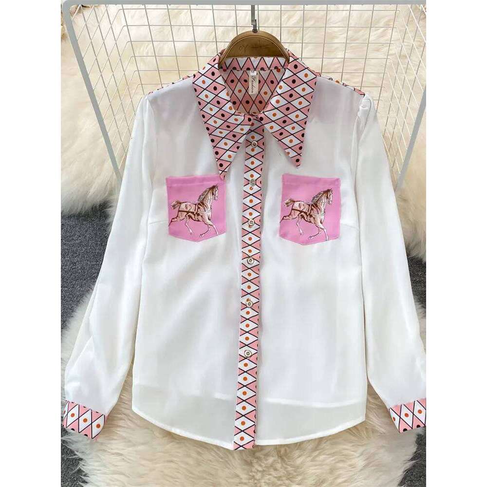 New Fashion Runway Summer Suit Women's Horse Geometry Print Blouse And A Line Pocket Buttons Skirt 2 Two Pieces Set
