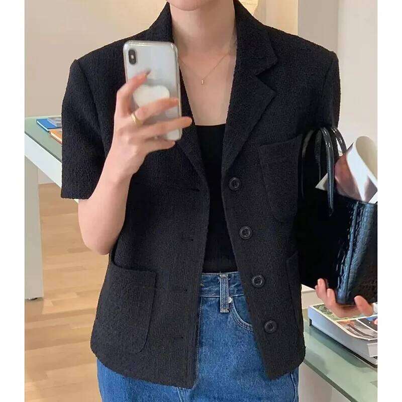 Chic Women's Suit Jacket Korean Style Lapel Single Breasted Multiple Pocket Short Sleeve Coat Summer 2025 New Fashion Loose Tops