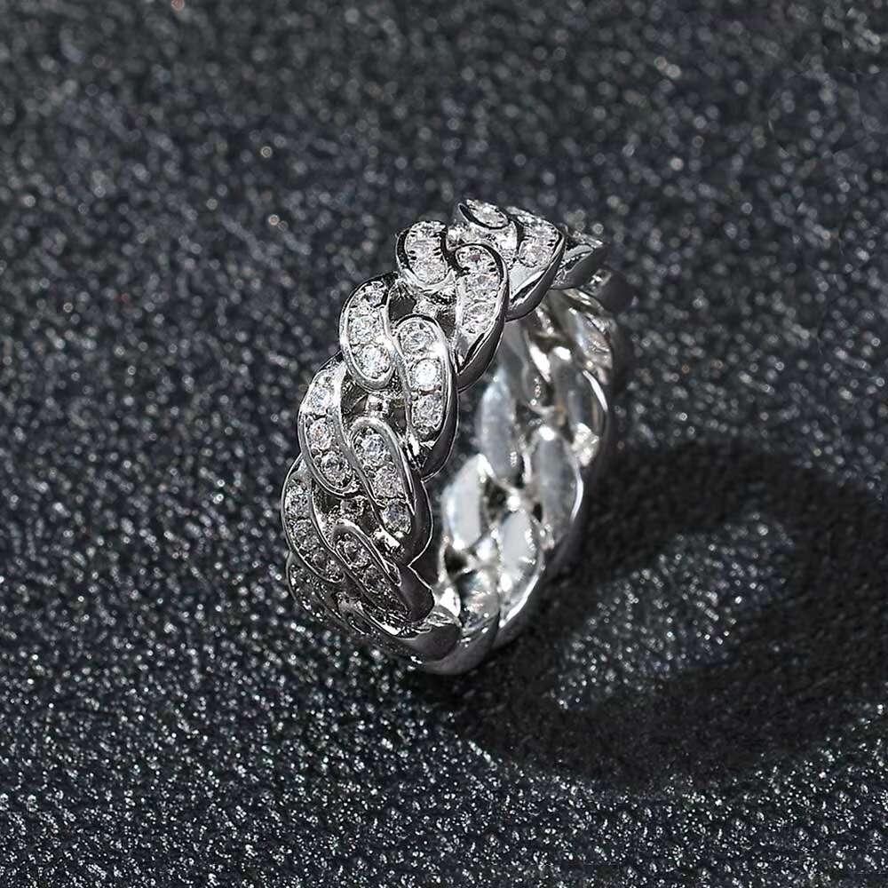 NUOYA Mens White Gold Plated 925 Sterling Silver Hip Hop Iced Out Moissanite Cuban Link Ring for Wedding and Party Fine Jewelry