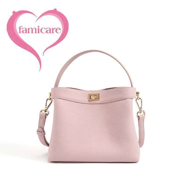 Famicare Genuine Leather Bucket Handbag Women Simplicity Crossbody Messenger Lady Fashion Small Square Shoulder Bag New