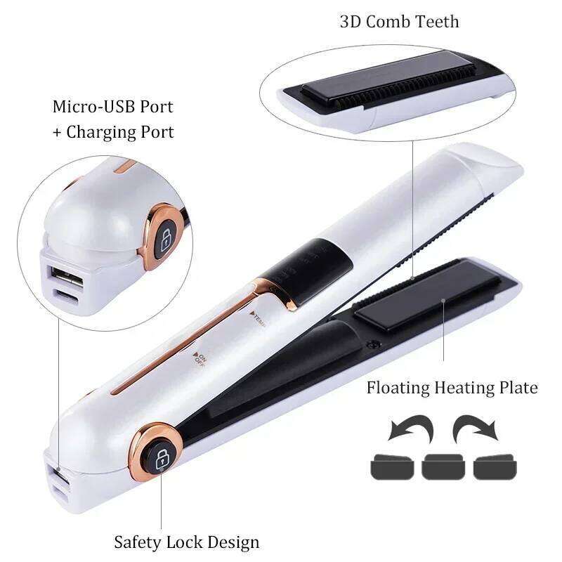 Portable USB Rechargeable Straightener With Power Bank Lock System Travel Flat Irons Wireless Straightening Hair Curler