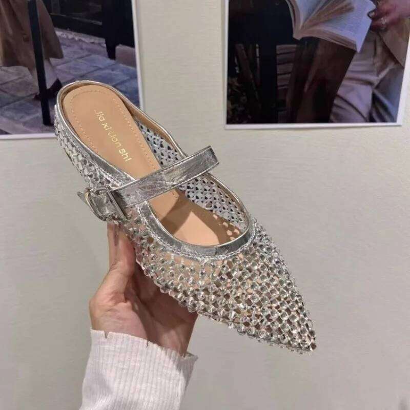 New 2025 Crystal Footwear Sier Women Flat With Female Pointed Toe Fashion Rhinestones Shallow Ladies Flats Shoes