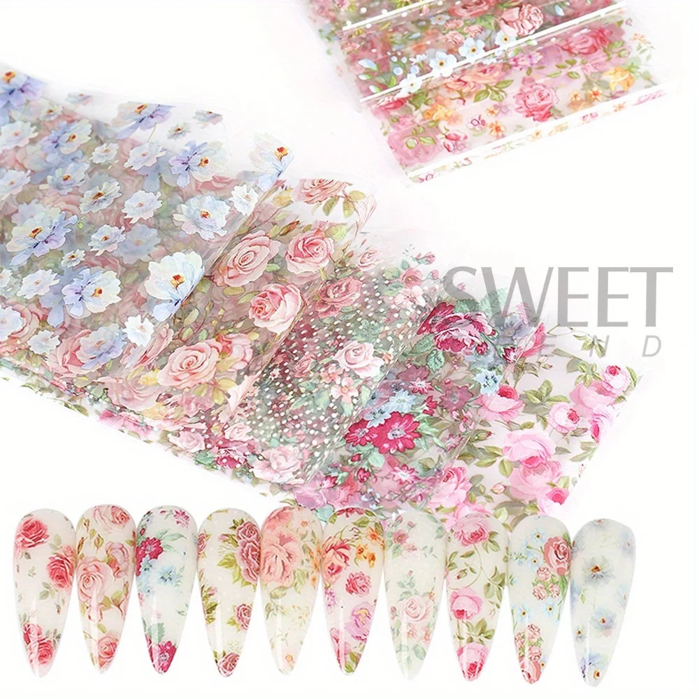 10PCS Mixed Nail Art Foils Transfer Sticker Set Rose Flower ns Floral Starry Sky Wraps Wedding Summer Manicure Decor 250605