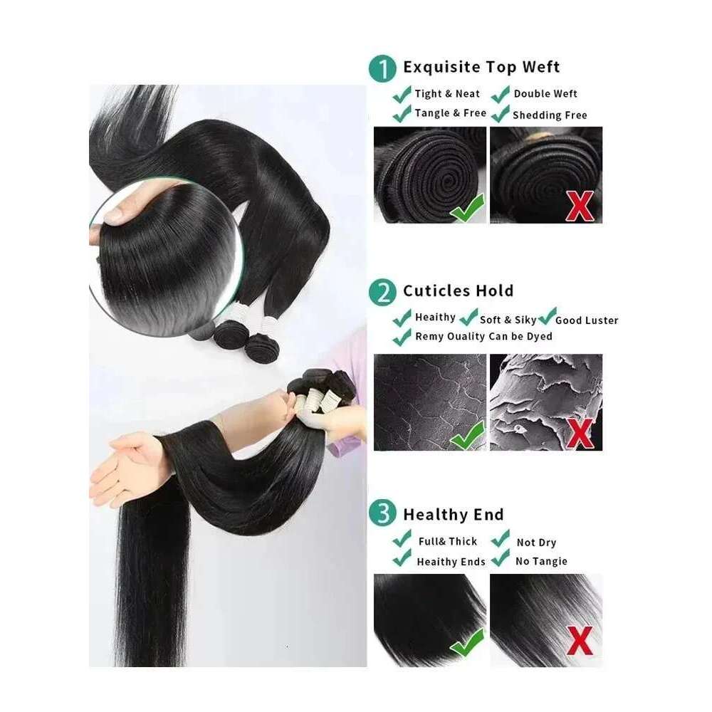 YKB Straight Human Bundles Brazilian Raw Hair Weave Silky 30 42 Inch Natural Black 12A Weaving Extensions Wholesale Virgin