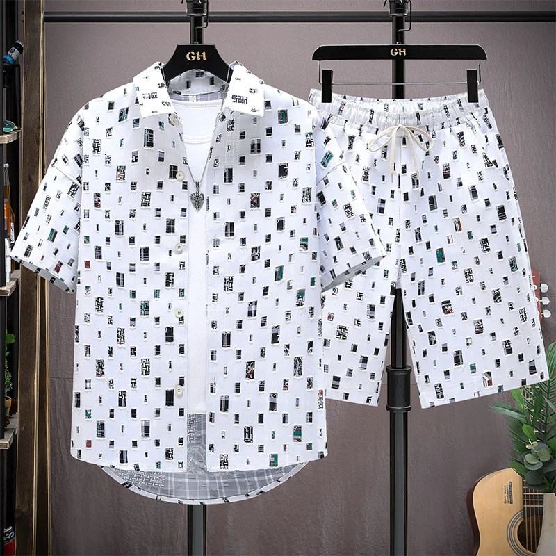 Men Summer 2 Pieces Set Tracksuit Mens Shirt Shorts Harajuku Streetwear Oversized Men Sets Short Outfits Suits 250603