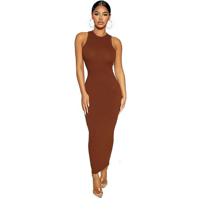 Women's Solid Color Bodycon Sleeveless High Elastic Round Neck Ribbed Casual Sexy Dress Trendy B5