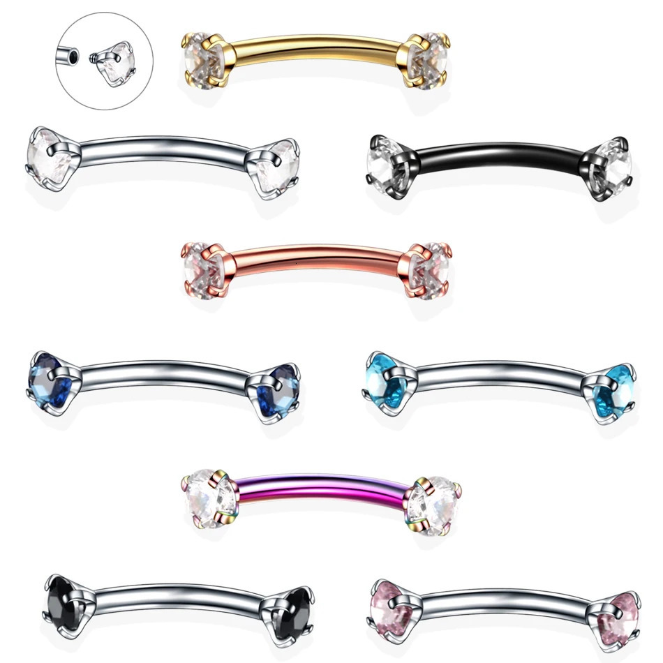 1PC Steel Crystal Gem Eyebrow Ring Tragus Helix Rook Earring Piercings Curved Banana Piercing Lip Rings Jewelry 16G 250606