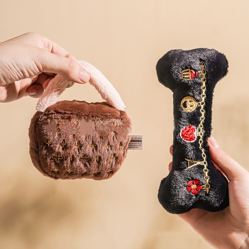 Lanjia Exquisite Embroidery Chewy Bone Handbag Plush Funny Parody Dog Toys With Interactive Squeaker Stimulating Pet Enrichment Safe Materials For All