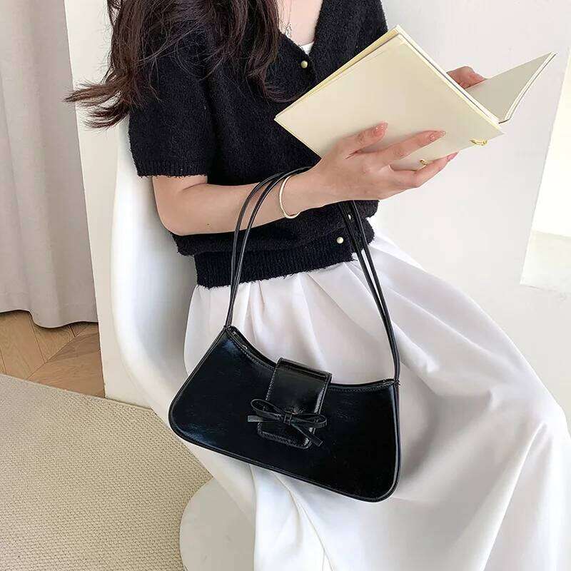 Sweet Cute Korean Bow Shoulder Underarm Tote Bag 2024 Sier Black Red White Ladies Sling Bags Leather Zip Purses Handbags Women