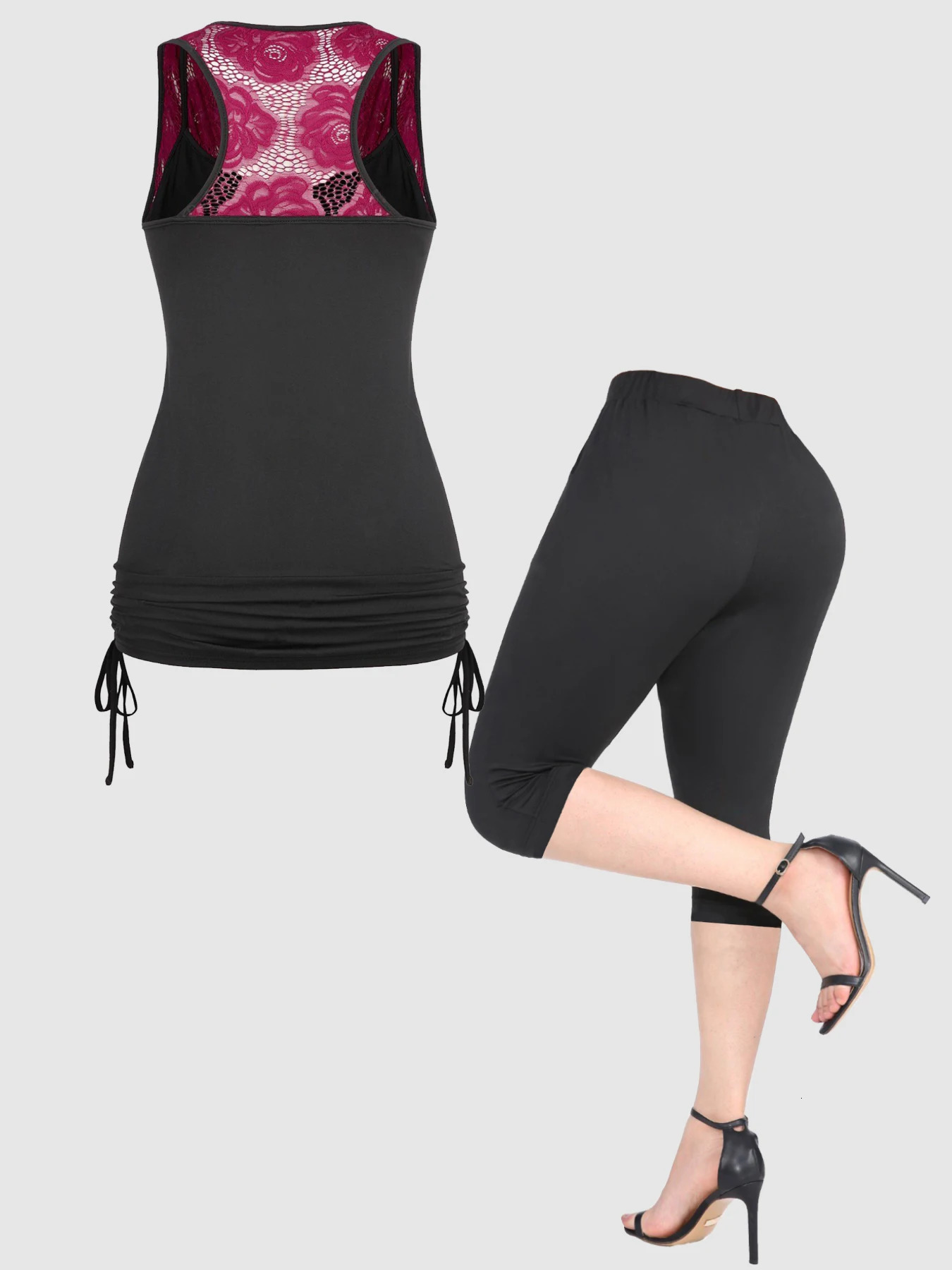 Womens Plus Size Two Piece Set Sleeveless Drawstring Fitness Matching Ruched Cowl Neck Lace Hollow Out Top and Mid Pant 250603