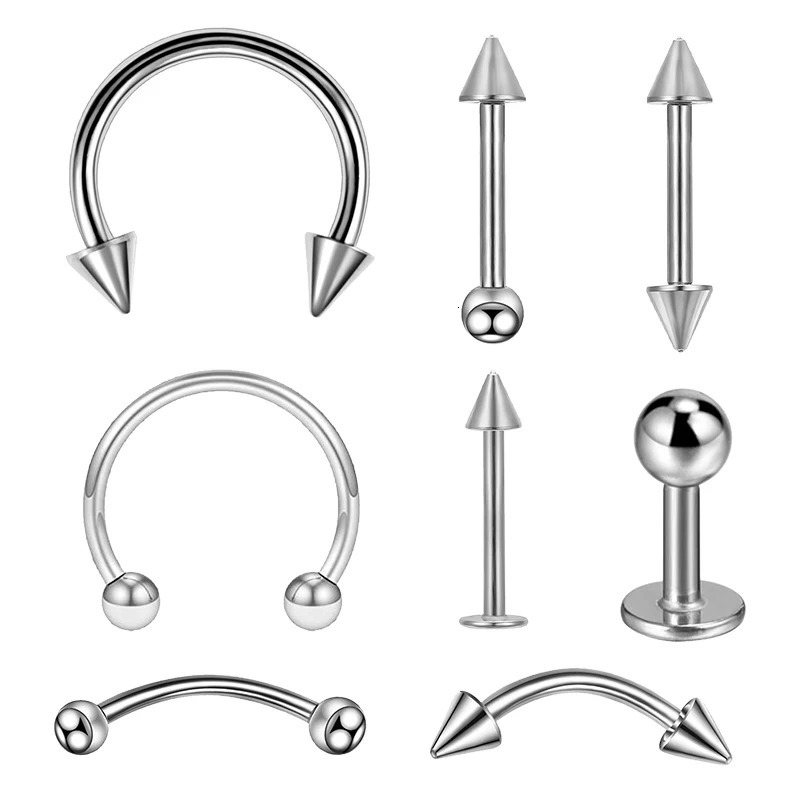 8PCSSet Fashion Piercing Set Eyebrow Bar Lip Tongue Nose Pircing Stainless Steel Ear Studs Mixed Body Jewelry 250606