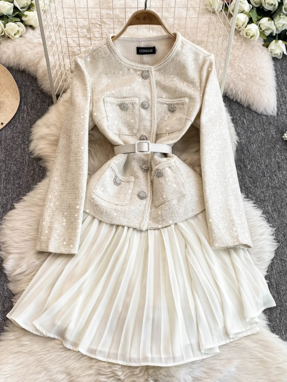 Sequin Chiffon Tweed Dresses Women Spring Autumn Single Breasted Crystal Belt Pleated Long Sleeve Party Vestido Short Robe 250603