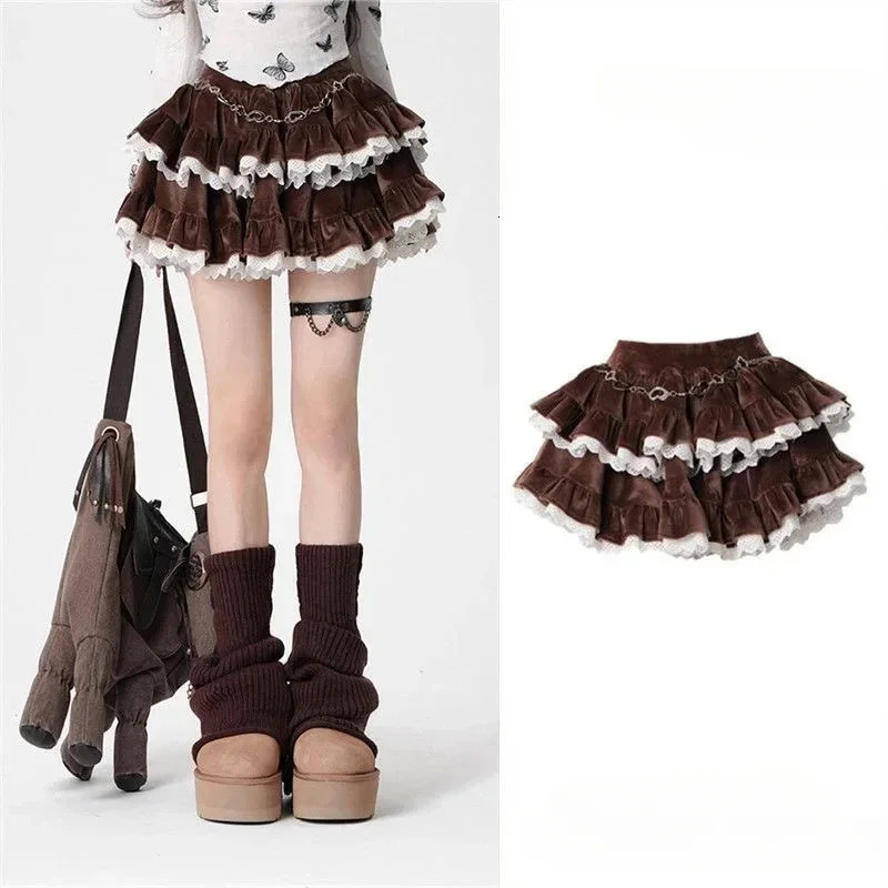 Deeptown Brown Kawaii Corduroy Skirt Women Korean Style Sweet Cake Mini Skirt Lace Spliced Black High Waist Ruffle Short Skirts 250609