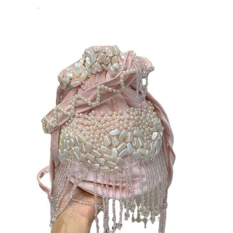 Pink Beads Beading Tassel Handmade Satin Bucket Glitter Dias Pearl Beaded Women's Handbag Lady Purse Female Shoulder Bag