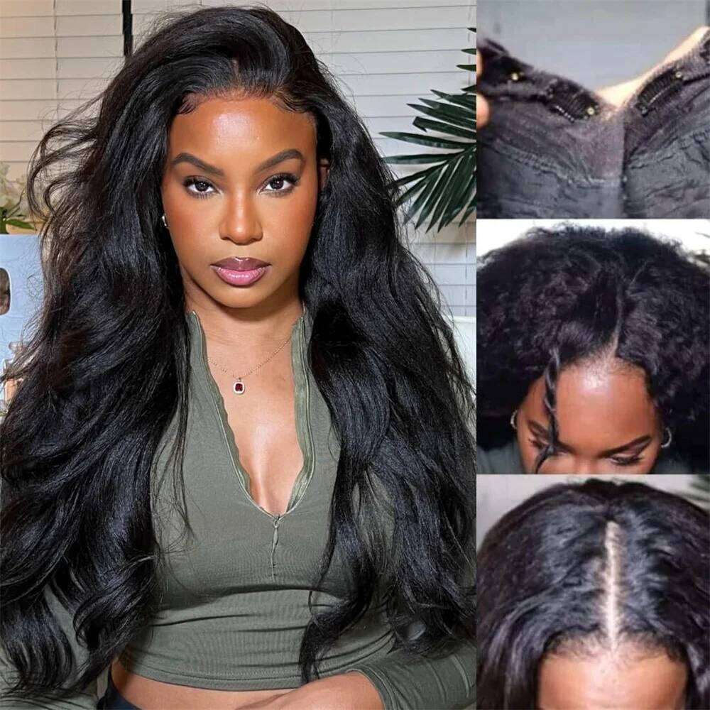 V Part Kinky 180% Density Human Hair Wig for Black Women Yaki Straight hine Made Natural Color