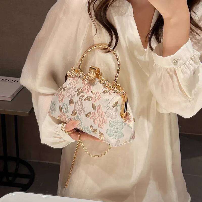 Chinese Style Flower Print Dinner Evening Bags Retro Fashion Metal Handle Handbags Banquet Party Chain Shoulder Bag Small Clutch