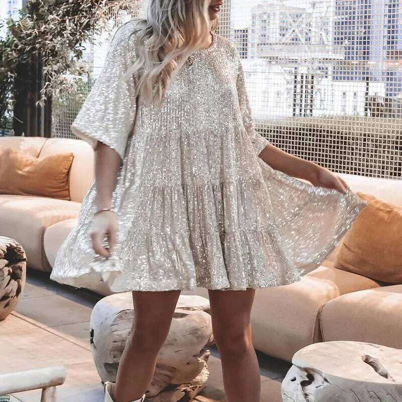 2024 Fashionable Sequins Round Neck Loose-Fit Waist Short Sleeves Dress New Arrival European American Foreign Trade Direct Sales