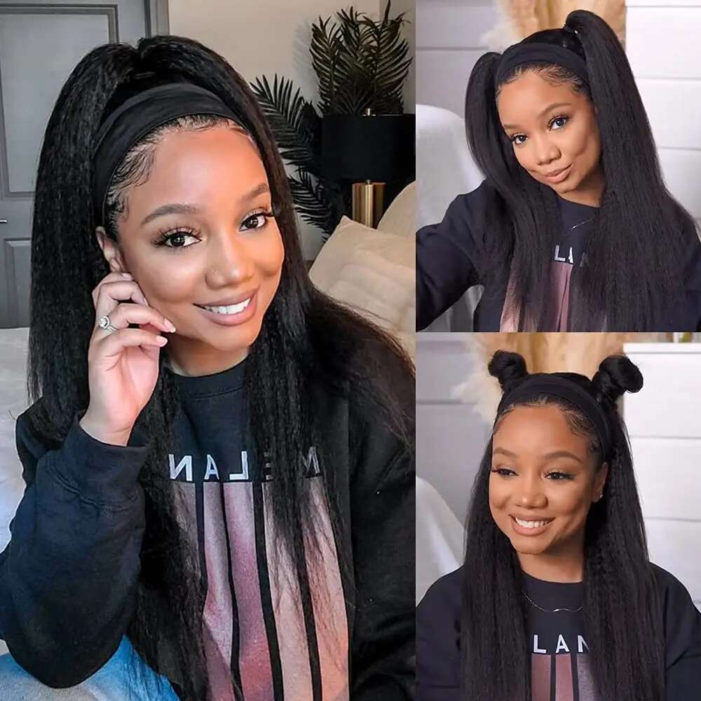 Kinky For Black Women 10-24" Yaki Straight Human Hair 180% Density hine Made Headband Wigs
