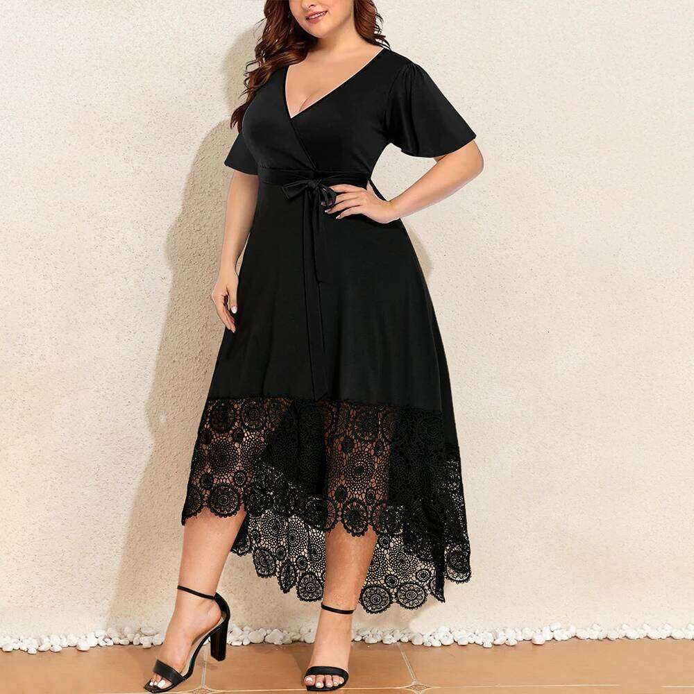 Plus Size Womens Sexy Lace Floral V-Neck Pockets Midi Dress Ladies Short Sleeve Evening Party tail Ball Gown Sundress XL-5XL