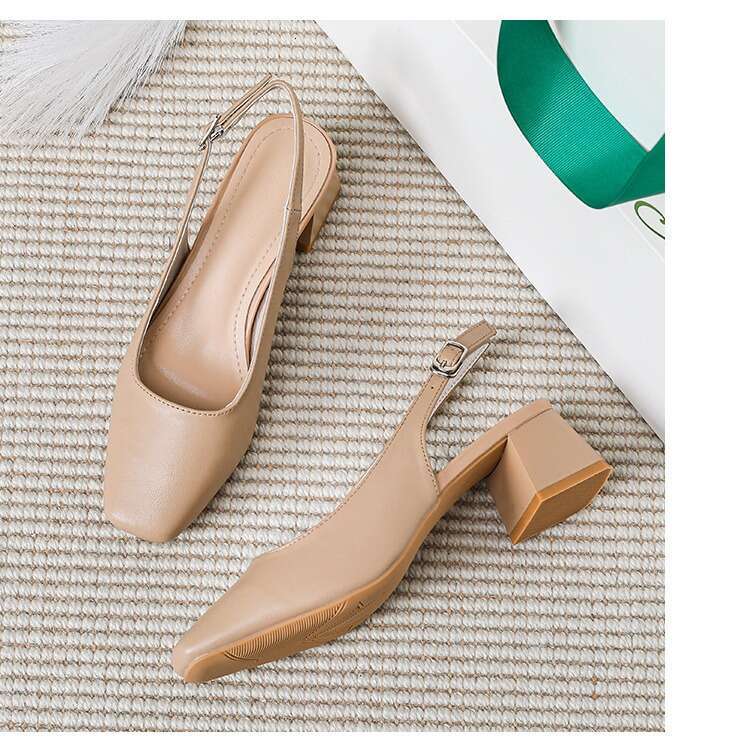 35-42 Large Size Soft Leather Peep Sandals Summer 2024 New Square Toe One Strap Office Thick Heel Slippers