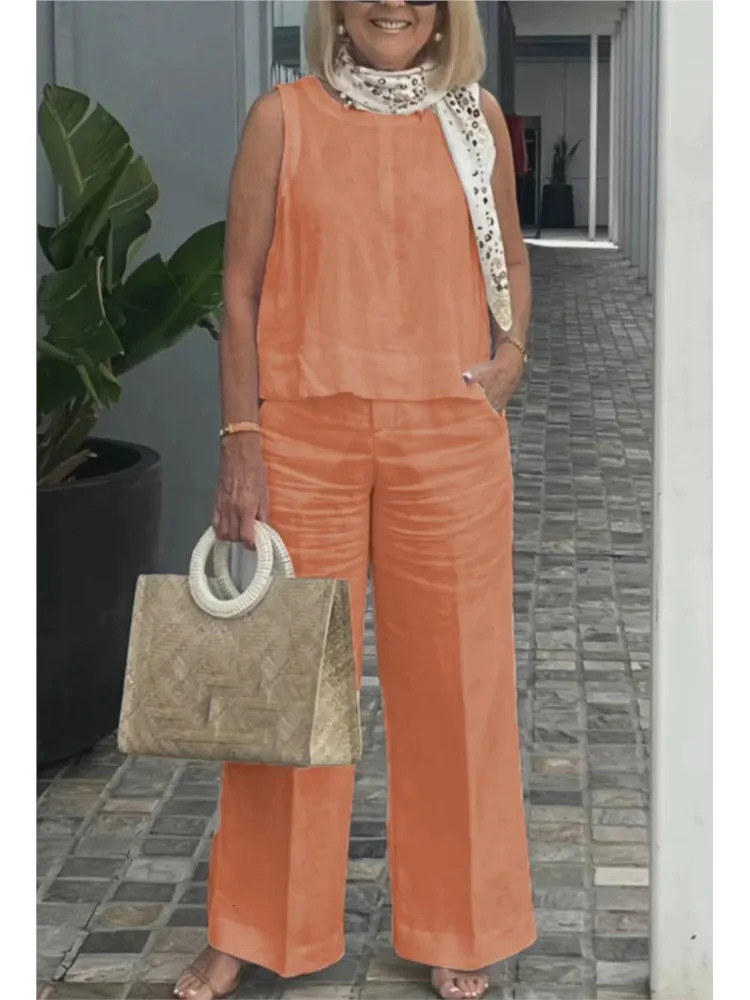 Summer Womens Cotton And Linen Suits Fashionable And Casual Sleeveless Tops Wide-leg Trousers Two-piece Set Womens Clothing 250606
