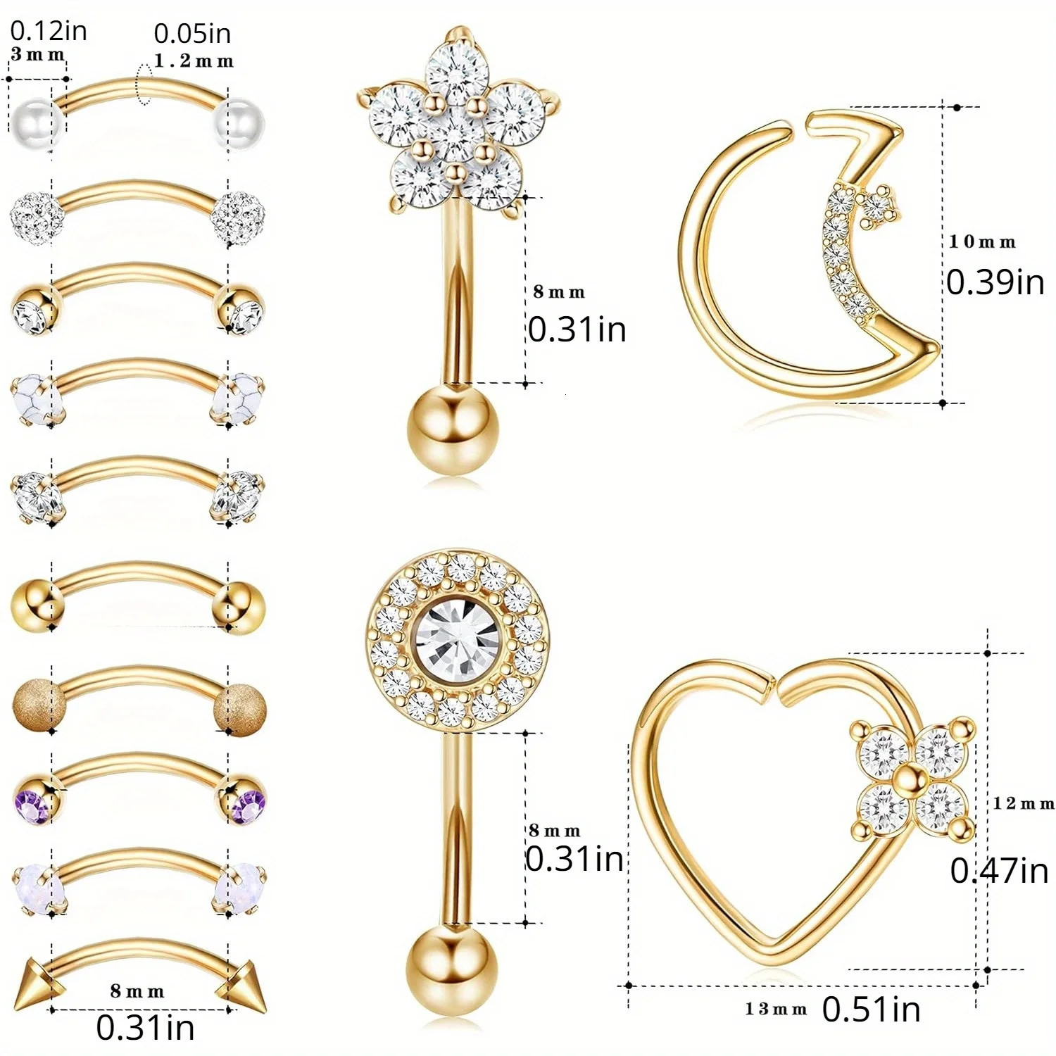 Drperfect Piercing Jewelry 16G Steel Curved Barbell Eyebrow Rings Lip Belly Button Heart Moon Earrings 250606