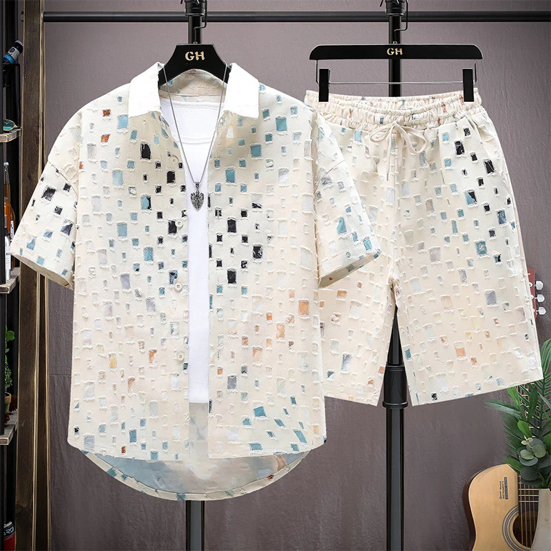 Men Summer 2 Pieces Set Tracksuit Mens Shirt Shorts Harajuku Streetwear Oversized Men Sets Short Outfits Suits 250603