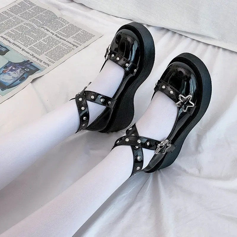 Shoes Lolita shoes Women heels platform mary janes Star Buckle Strap Mary Janes Women Cross-tied Girls Rivet Casual kawaii shoes 250603