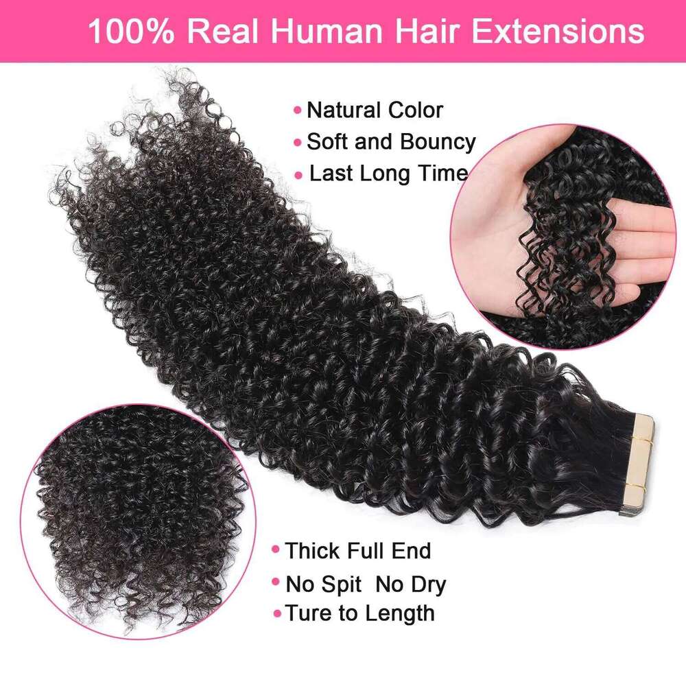 20Pcs Kinky Curly Tape In Extension Virgin Brazilian Human Hair Bulk Black Women Invisible No Weft For Salon