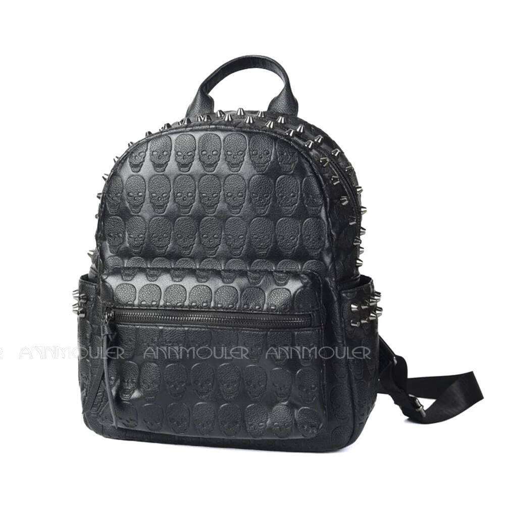 Annmouler Brand Designer Unisex Backpack Black Skeleton Daypack Punk Rivet School Quality Rucksack Travel Bag