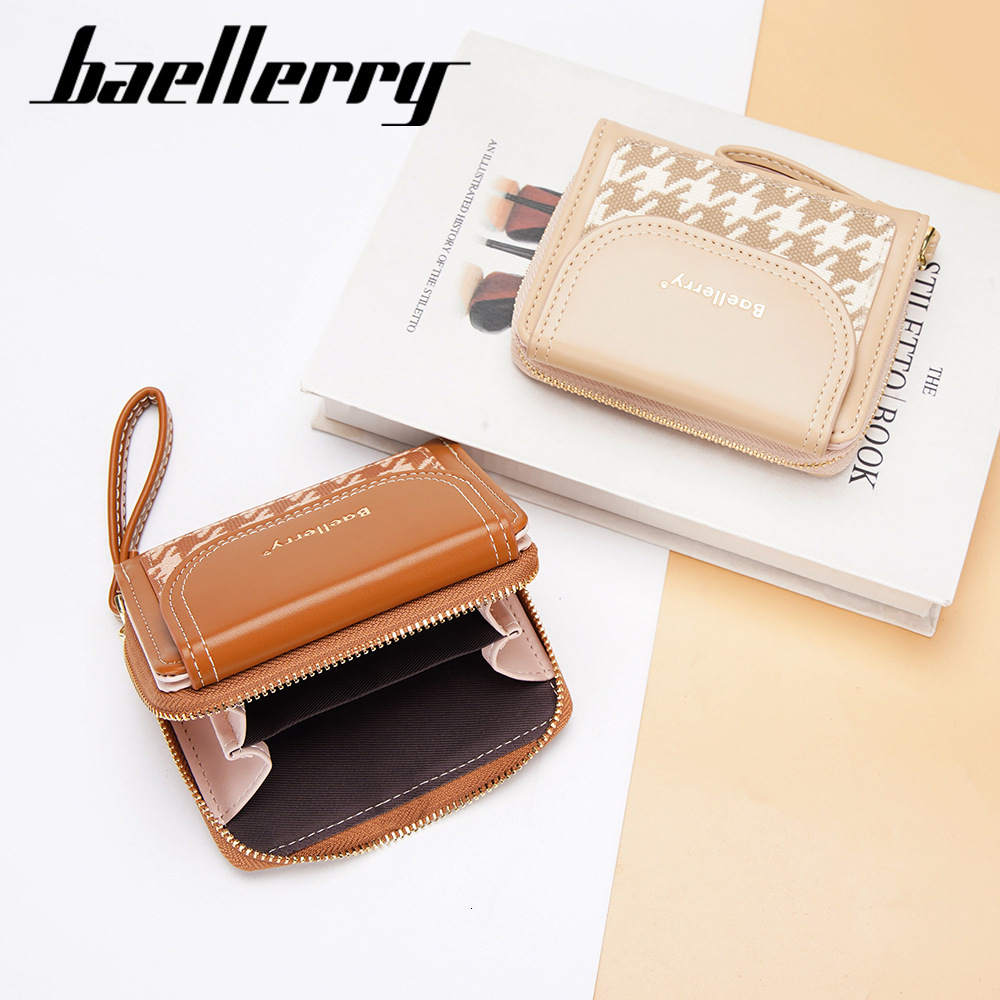 Free Shipping New Women's Short Designer Bag Wallet High-end Student Color-block Zipper Coin Purse Houndstooth PU Small Wallet Handbag