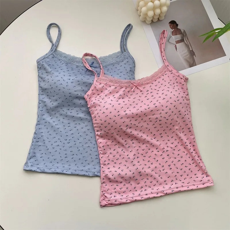 Summer Print Crop Tops for Women Bow Lace Camisole Sexy Backless Vest with Padded Basic Tank Top Bm Style Camis Y2k Streetwear 250527