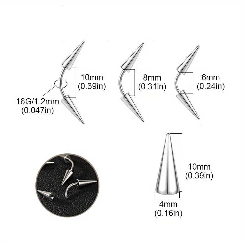 2pcs6pcs Spike Eyebrow Piercing Jewelry Stainless Steel Curved Barbell Tragus Lip Rings Earrings For Men 250606