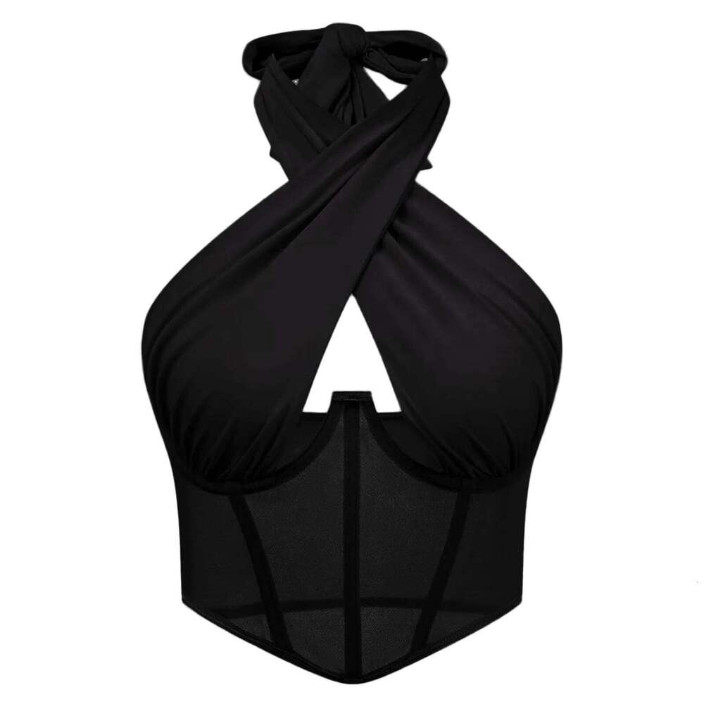 Sexy Cotton Stretch Tops For Women Cross Halter Blouses Fashion Sleeveless Hollow Out Irregular Neckline Tank Top