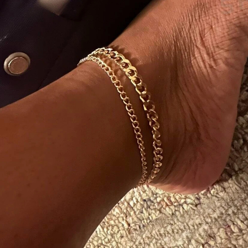 2PCS Simple Thick Thin Minimalist Gold Color Metal Chain Anklet Set for Women Casual Ankle Bracelet on Foot Jewelry Accessories 250528