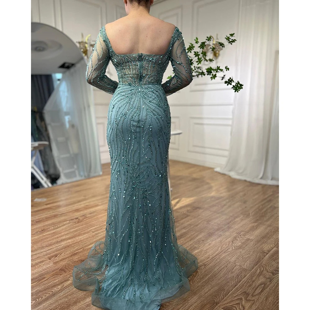 Exquisite Mermaid Evening Dress Square Neck Sequins Beaded Prom Gowns Side High Splits Floor Length Formal Dresses Customized