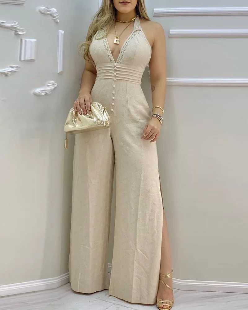 Mandylandy Beige Sexy Jumpsuits Women Sleeveless Halter Neck Lace Spliced Split Jumpsuit Slim Fit Wide Leg Pants Jumpsuits XJ250609