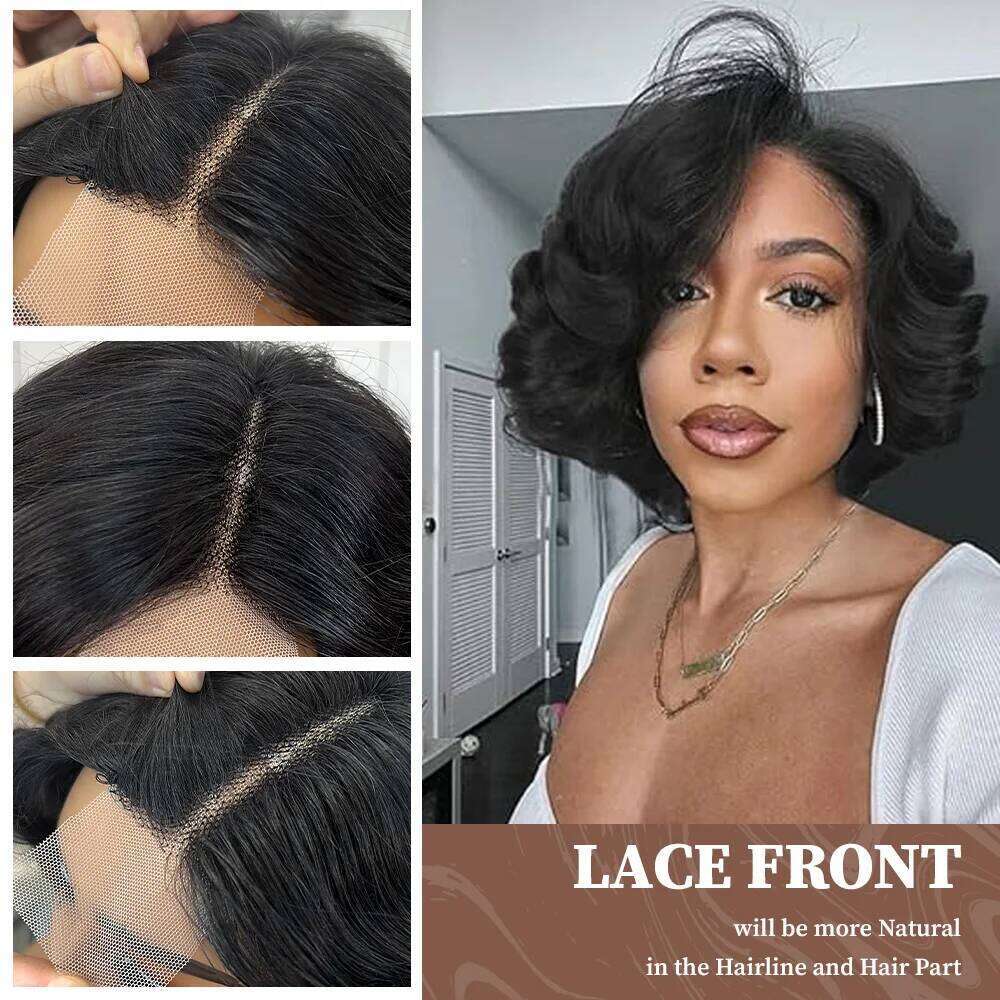 Big Curly for Black Women 5X1 Side Part Lace Bouncy Curl Human Hair Wig 180% Density Short Loose Wave Wigs With Bangs