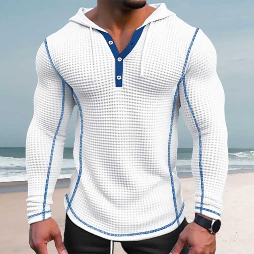 Breathable Waffle Fabric Sweatshirt Stylish Mens Waffle Cotton Hoodie Slim Fit Button Closure Breathable Long for Fashionable Z250621