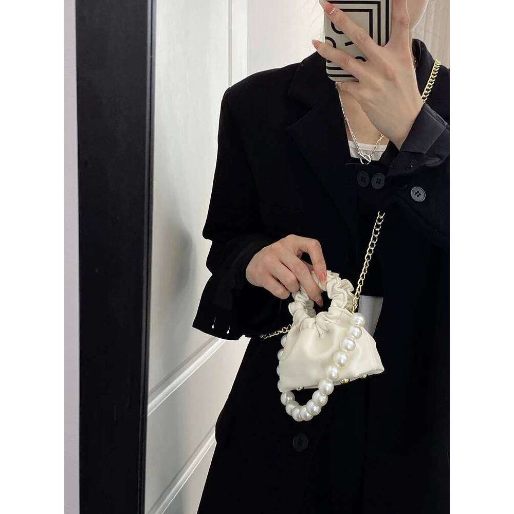 Women Mini Pleated Pearl Tote Bag Candy Color Soft Leather Chain Crossbody Bags Girl's Cute Lipstick Coin Purse