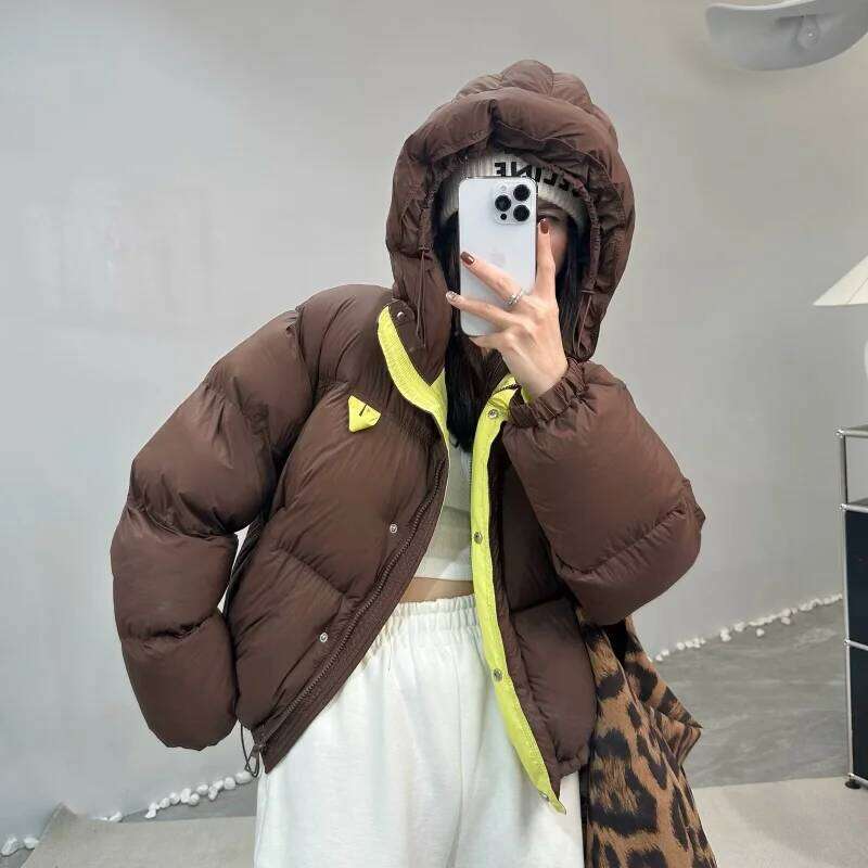Female 2024 White Duck Thickened Hood Clothes Korean Version of The Color Collision Winter Down Jacket