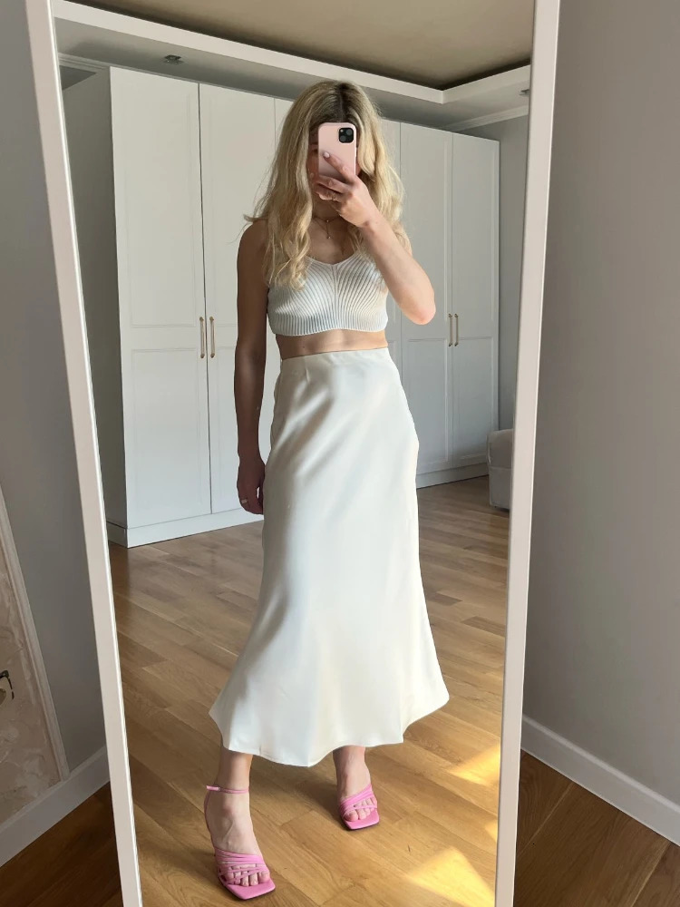 Womens Long Skirt Fashion Satin Skirt Office Lady Elastic Waist Solid Champagne Purple Red Silk A-LINE Skirt for Women 250529