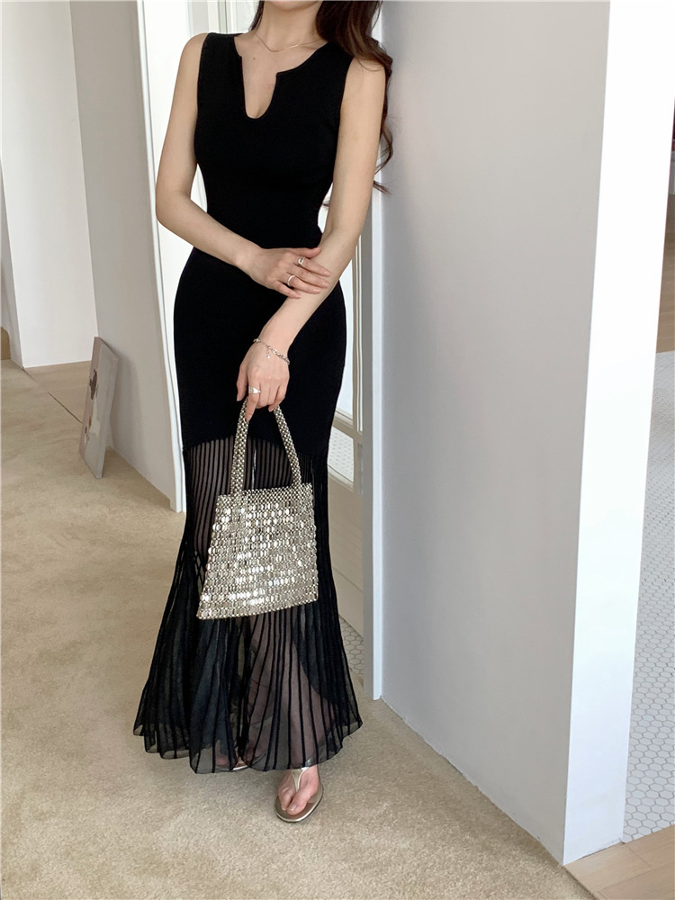 8003 White Dress Round Neck Layered U-Neck Sleeveless Waist-Cinching Ice Silk Sheer Patchwork Organza Mermaid Long Dress 240408