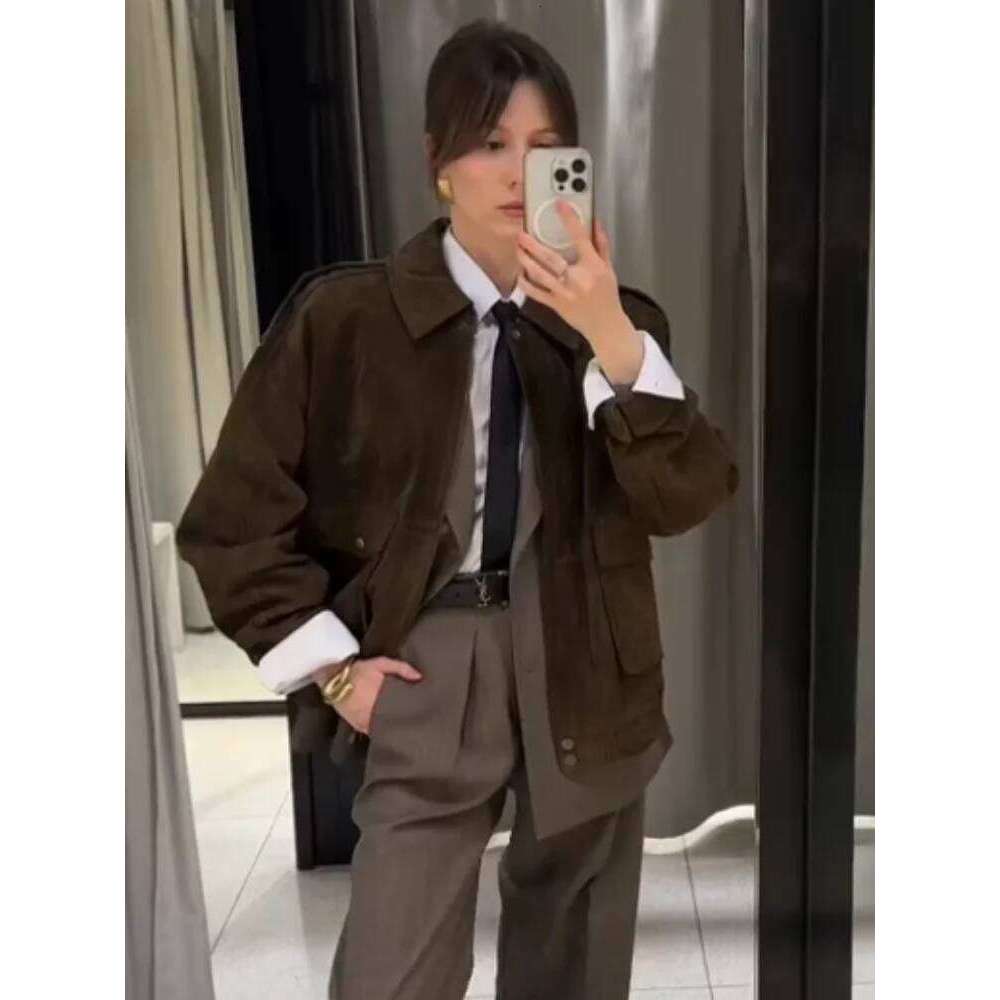 Vintage Suede Zipper Bomber Jacket For Women Spring New Elegant Lapel Motorcycle Long Sleeve Coats Female Street Chic Outerwear