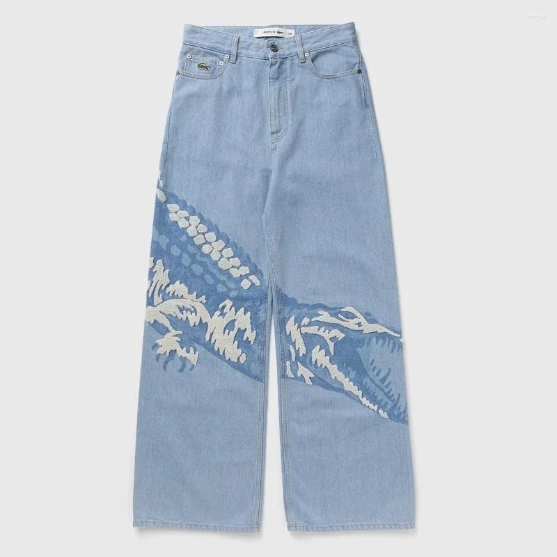 Men's Jeans Streetwear Low Waist Wide Leg Pants Men Women Retro Blue Harajuku Cute Cartoon Crocodile Graphic Baggy Goth Denim Trousers