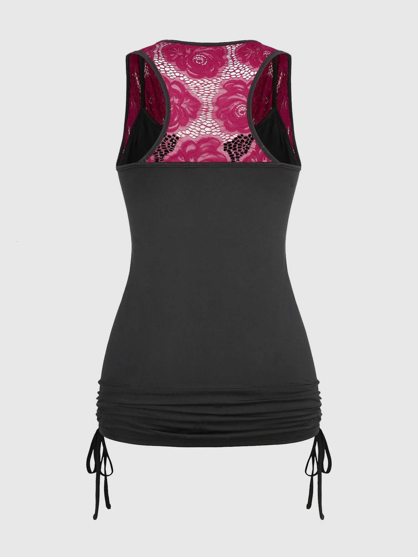 Womens Plus Size Two Piece Set Sleeveless Drawstring Fitness Matching Ruched Cowl Neck Lace Hollow Out Top and Mid Pant 250603