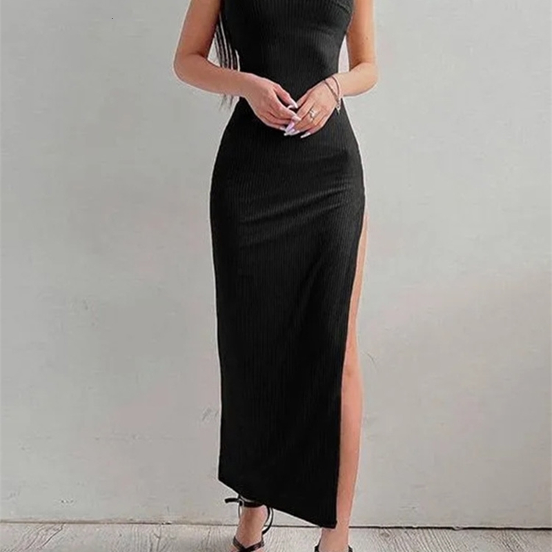 Sexy Black Long Bodycon Dres Summer Sleeveless Blackless Halter Neck Spaghetti Strap Dresses High Split y250526