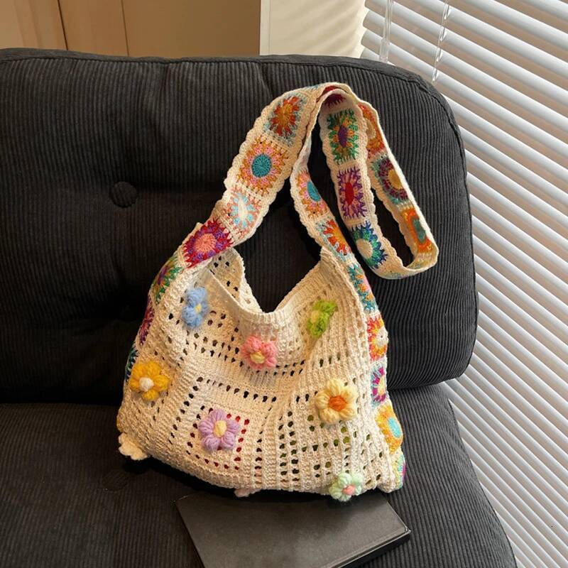 Large Capacity Boho Tote Bag Trendy Floral Crochet Vintage Multicolor Cut-out Knitted Handbag Fashionable Hollow out