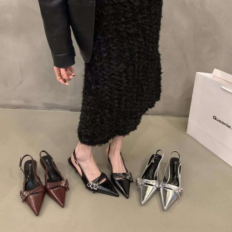 Niche High Heels Red Closed-Toe Sandals Fairy 2024 New Spring Summer Black French Pointed Toe Single Shoes