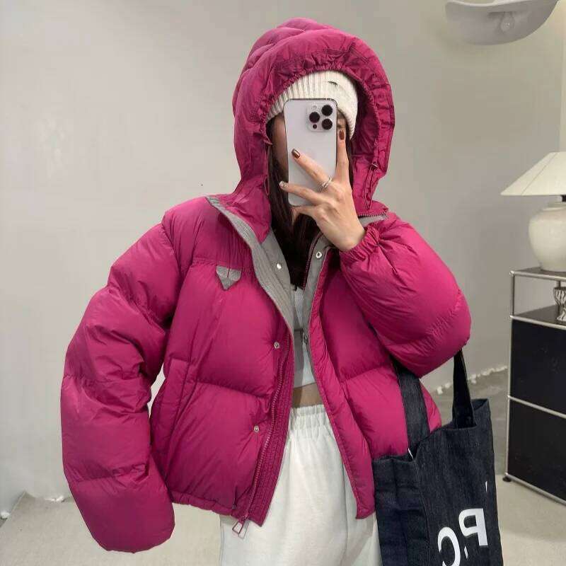 Female 2024 White Duck Thickened Hood Clothes Korean Version of The Color Collision Winter Down Jacket